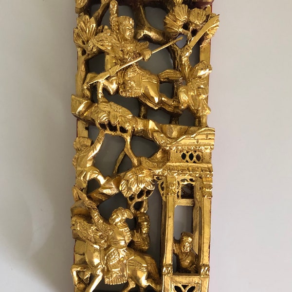 ANTIQUE CHINOISERIE CHIC Decor, Chinese Temple Wood Carving Panel, Gold Gilt, 12x4 x 1 3/4”