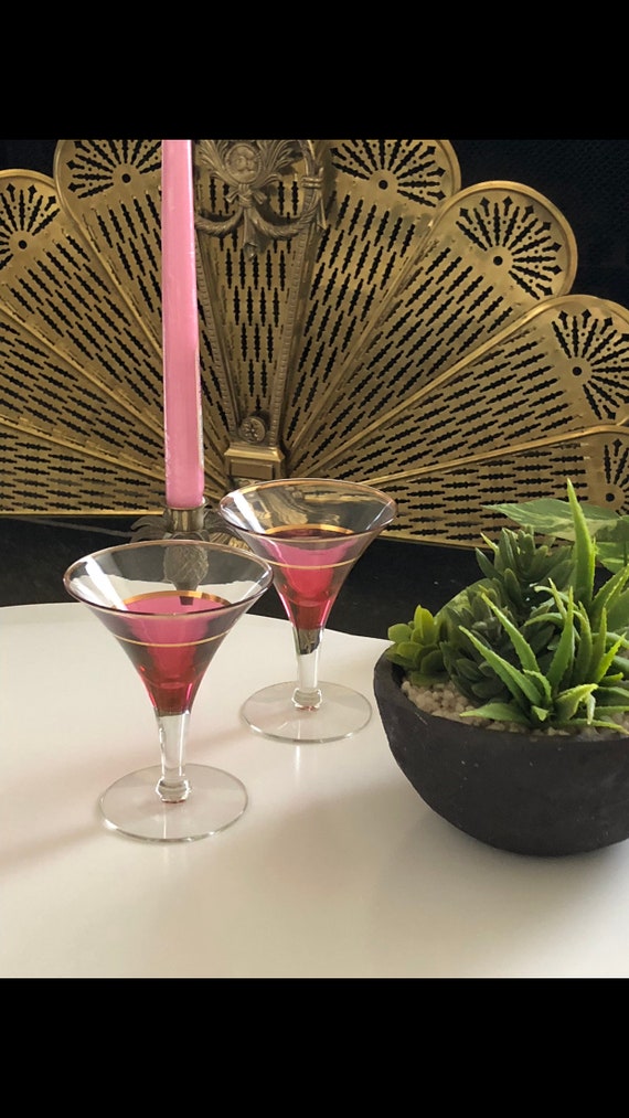 DRINKING GLASSES SET Of 2 Martini Shape Pink Gold Vintage Il_570xn