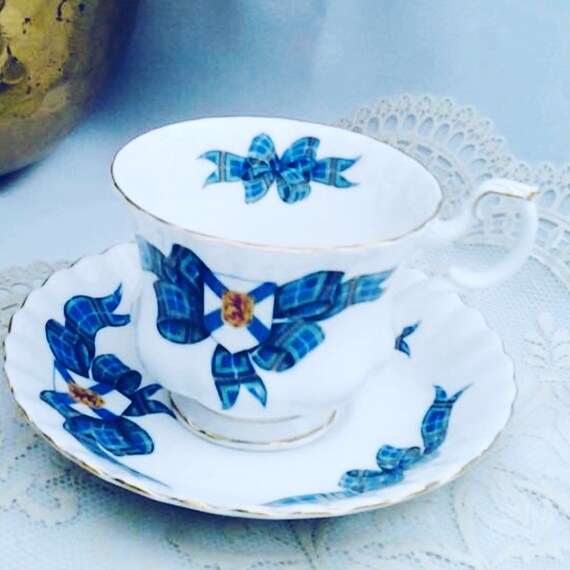 ROYAL ALBERT, Nova Scotia Tartan Pattern,Blue White China, Fine China, teacup and saucer duo, Gift for him Il_570xn