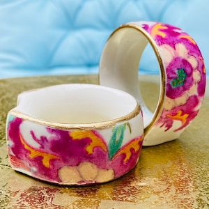 TOBACCO LEAF CERAMIC, Napkin Rings, Pink Turquoise Blue, Colonial Williamsburg, Fall Decor, Table Decor