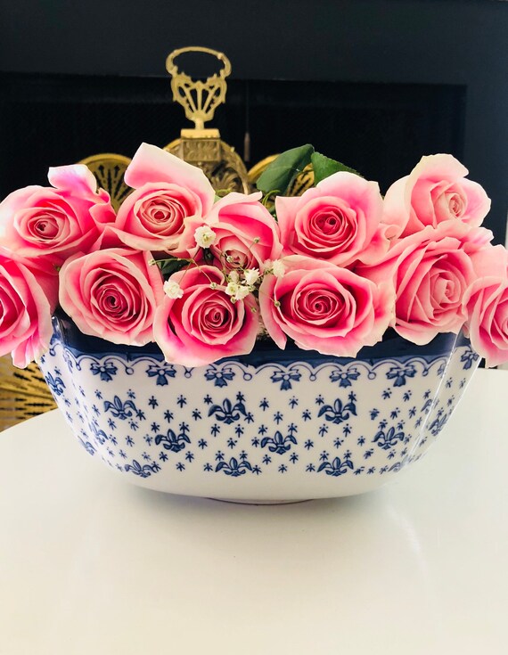 BLUE WHITE PLANTER Jumbo French Lilly Decorative Bowl Ceramic Vintage Home Decor Il_570xn