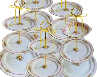 Vintage Rose Floral Tiered Stand – Shabby Chic Dessert Tray – Porcelain Tea Party Display