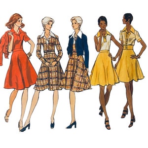 May include: Illustration of five women wearing different styles of dresses. The dresses are in red, plaid, and yellow. The women are wearing different hairstyles and shoes.