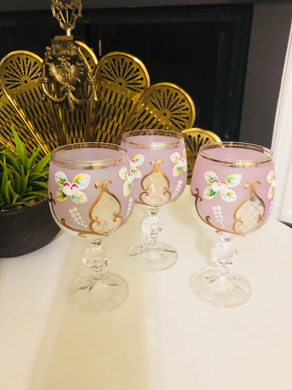 VINTAGE BOHEMIAN CRYSTAL Drinking Glasses 23 kt Gold Decor Hand painted Set Of 3 Il_570xn