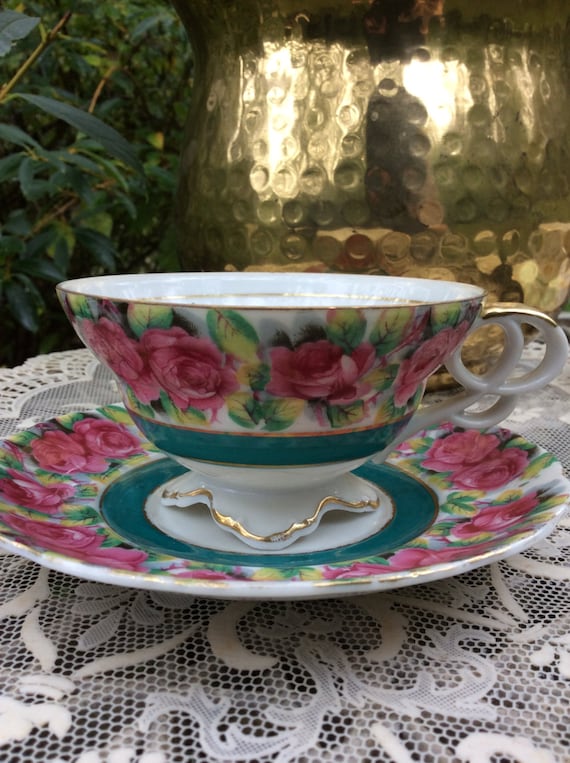 Cup and Saucer by Chase, Hand Painted, Pink Rose, Rare Fine China, Rose Cup Saucer Il_570xn