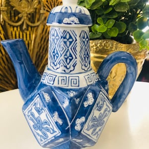BLUE WHITE TEAPOT, Chinoiserie Decor, Collectible Porcelain, Diamond Teapot, Andrea by Sadek
