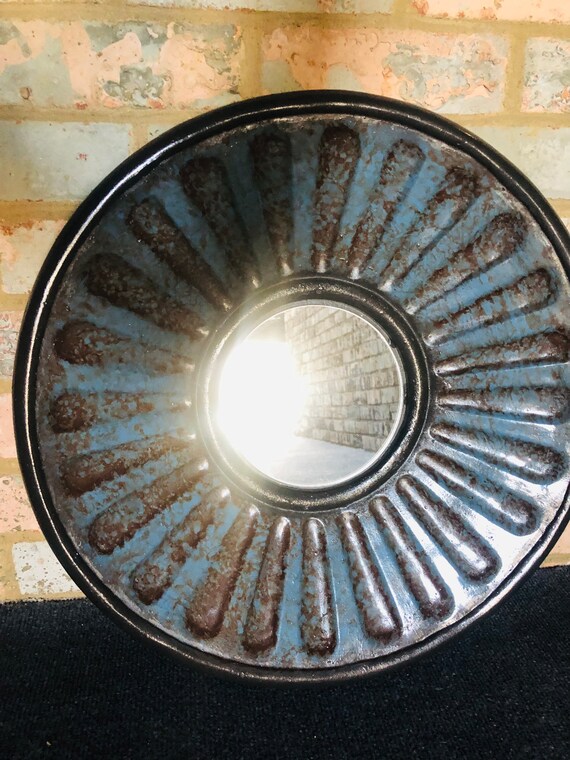 VINTAGE CERAMIC MIRROR, Sunburst Sun, Minimalist Style, Japandi Ethnic, Blue Brown, Large 18” Il_570xn