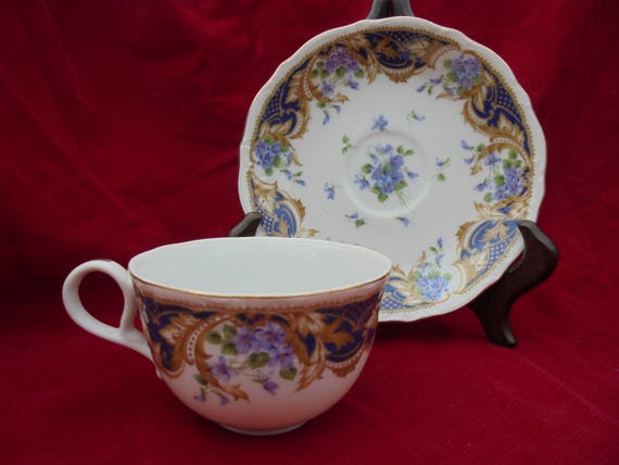 ANDREA BY SADEK Cup Royal Violets Cobalt Saucer Set Bone China Gift for Her Vintage New Il_570xn
