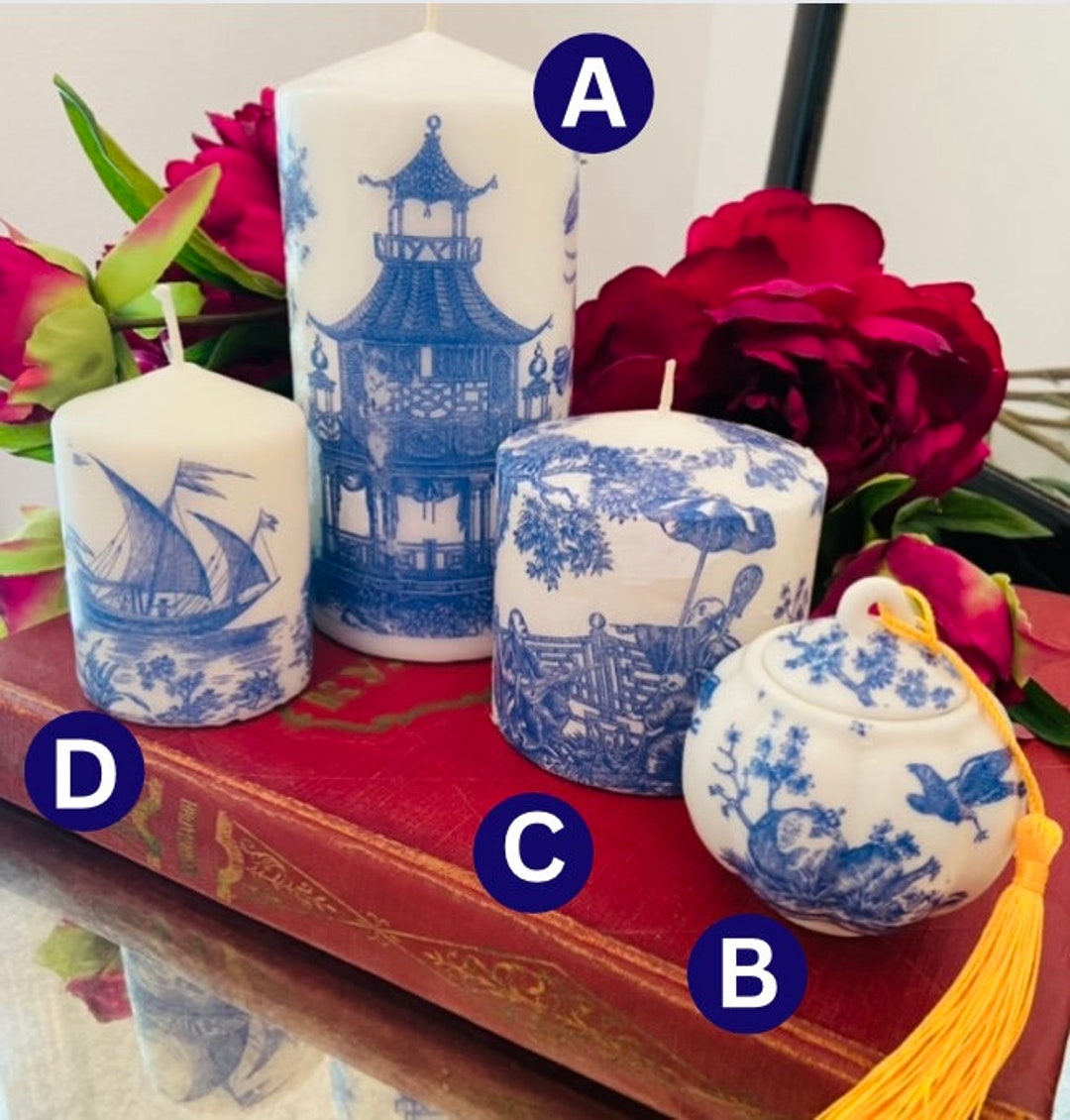 BLUE WHITE CANDLE, Chinoiserie Chic, Blue Willow, Classic Home Decor