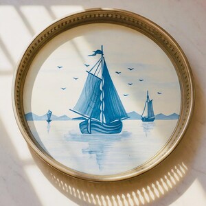 Vintage Ceramic Tray with Blue Sailboats | Nautical Style Coastal Delft Style Decor