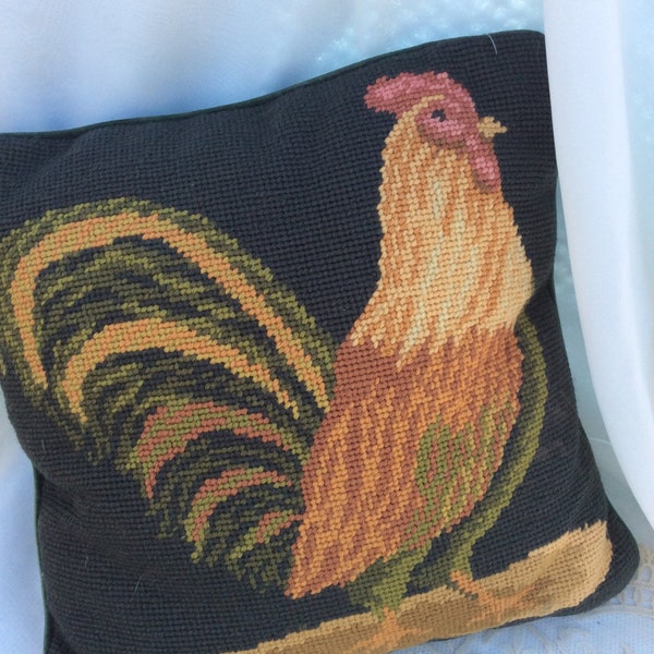 Cross Stitch, Decorative Pillow, Imperial Elegance, Green Pillow , Collectible Vintage, Country Rooster, on Sale