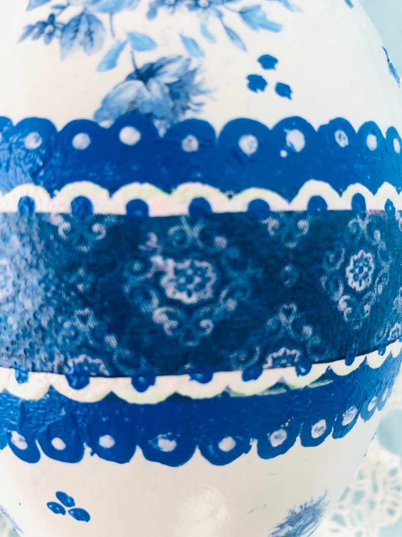 BLUE WHITE Egg, Easter Decor, Jumbo Big,Gift , Chinoiserie Chic, Rose Floral image 5