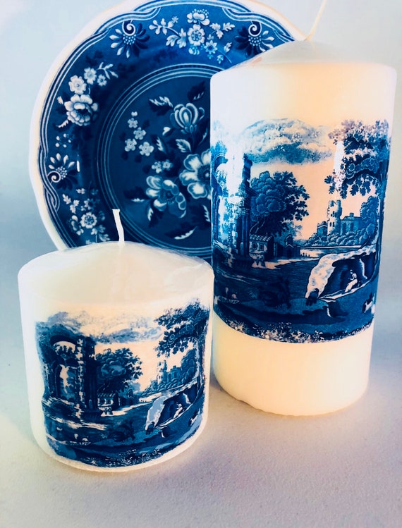BLUE WHITE, CHINOISERIE Chic, Pillar Candle ,Italian Blue, Holiday Gifts, Hostels Gift, Home Decor, housewarming gifts Il_570xn