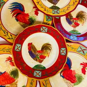 Fair Weather Friends, Red Yellow , SAKURA Ceramic, Dinner Salad Plates, Rustic Decor, Red Rooster
