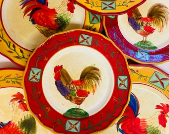 Fair Weather Friends, Red Yellow , SAKURA Ceramic, Dinner Salad Plates, Rustic Decor, Red Rooster