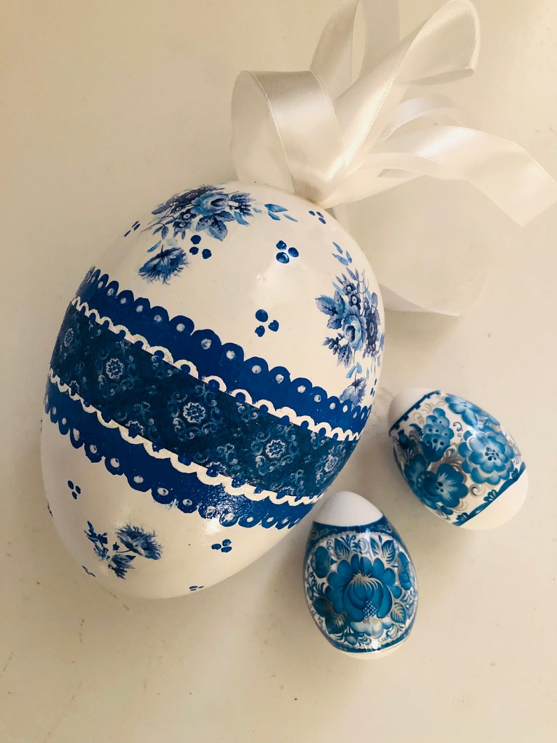 BLUE WHITE Egg, Easter Decor, Jumbo Big,Gift , Chinoiserie Chic, Rose Floral image 9