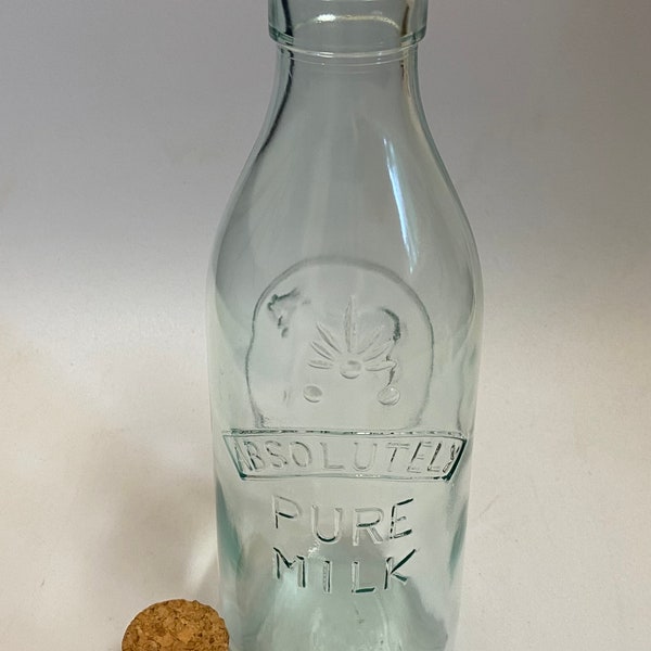 VINTAGE GLASS BOTTLE, Absolutely Pure Milk, Bottles With Cork,Made in Italy, Farm Style, Rustic Decor, Collectible Gass