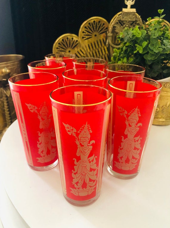 VINTAGE DRINKING GLASS, Culver Tumbler, Thai/Siam Buddhist Goddess, Red Gold, Holiday Drinkware Il_570xn
