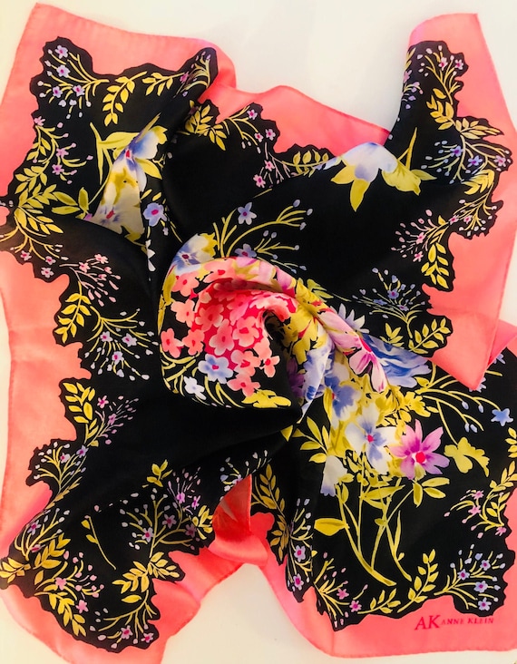 FLORAL SILK SCARF, Ann Klein, 21x21” square, Pink Black ,Summer Fashion Il_570xn