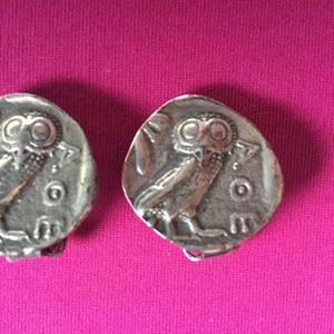 Vintage Owl Clip On Earrings Greek Coin by Alva Studios Double Sided Tetradrachm Jewelry,Athenian Ancient Greek Drachma Coins replica