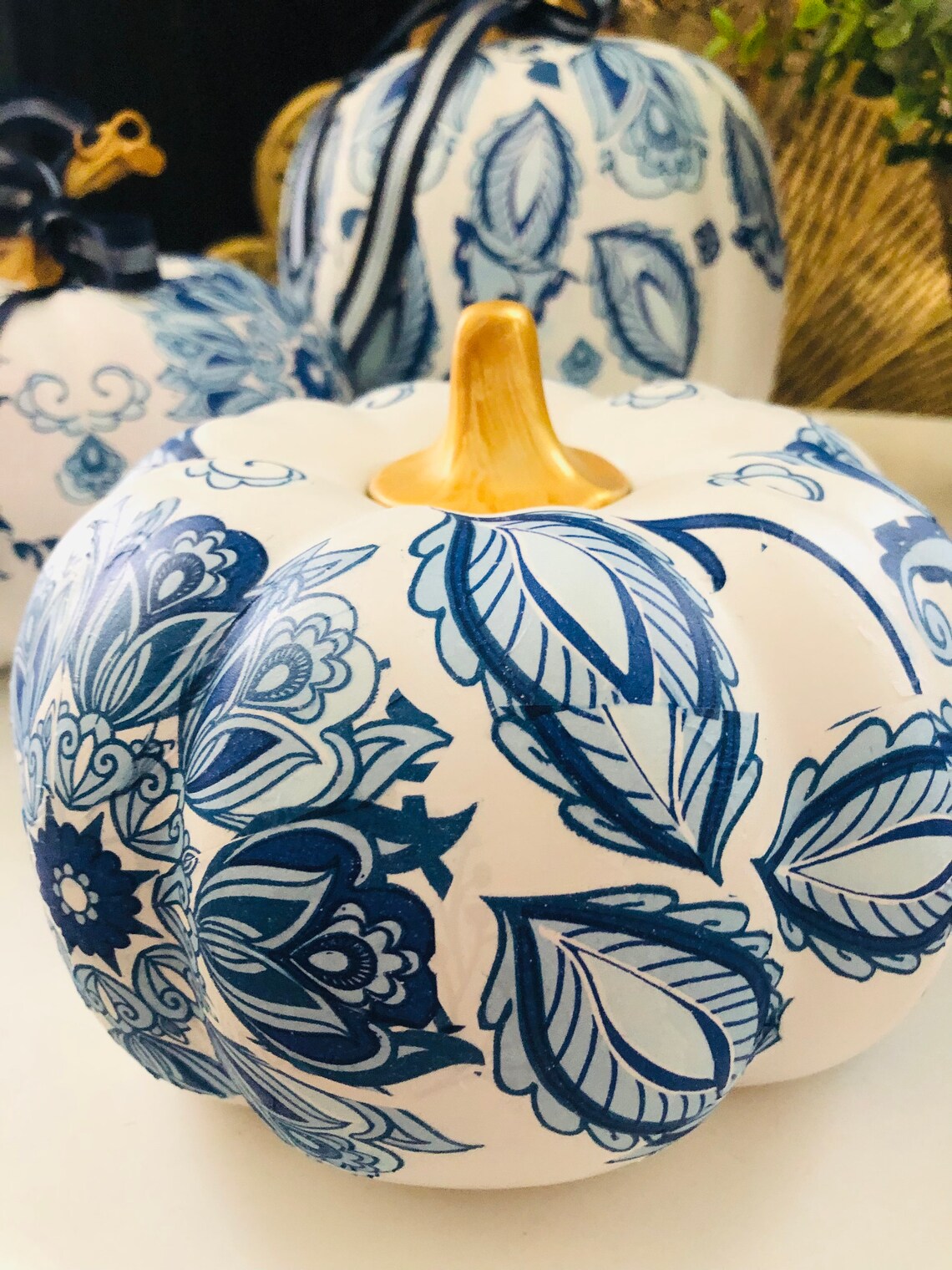 ART DECO PUMPKIN Blue White Thanksgiving Decor Chinoiserie Etsy