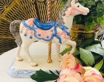 VINTAGE CAROUSEL HORSE, Collectible Porcelain Figurine, Pink Blue