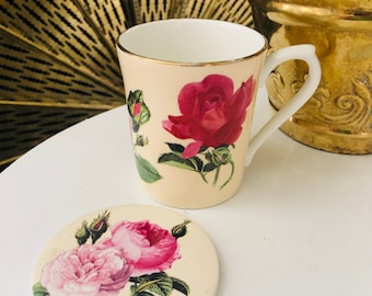 VINTAGE Rose Mug and Ceramic Coaster Set, Queen’s Bone China