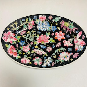 Vintage Floral Oval Plate, Hand Painted Porcelain Tray, Black Chinoiserie Style Platter, Decorative Dish