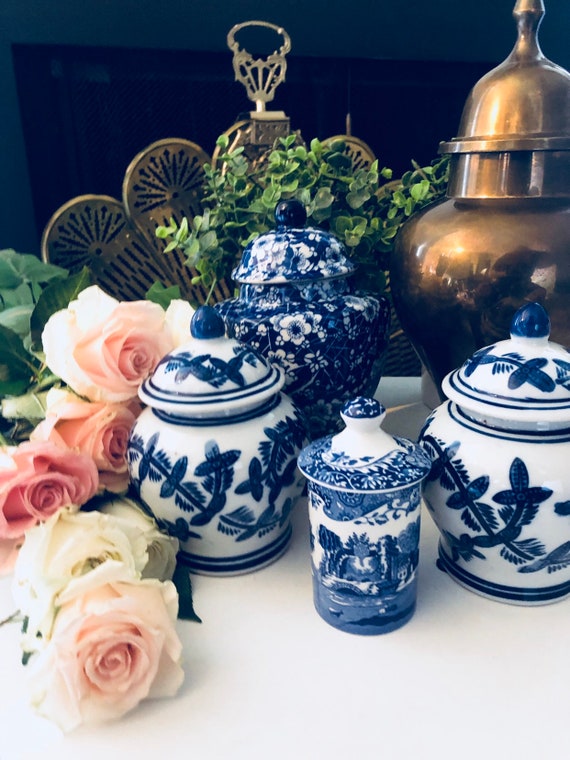 BLUE WILLOW GINGER Jar Vase China Pierced White Chinoiserie Decor Il_570xn