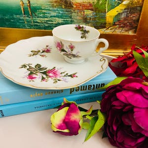 VINTAGE  TEA SET | Cup Saucer| Pink Roses, Moss Rose Pattern |  Sandwich/Cookie Plate | Collectible Porcelain