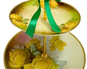 ANTIQUE PLATES YELLOW Rose Cake Stand Bavaria Signed, Weddings Dessert Table Centerpiece, Tea Party