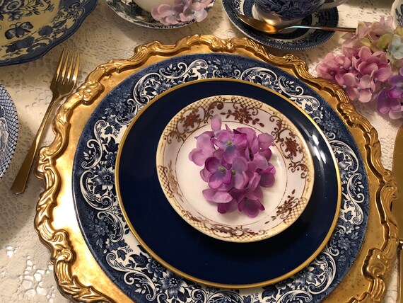 Cobalt Blue Gold Plate Vintage Tirschenreuth Japan Style Germany Rare Girl Kimono Dress Collectibles Asian Art Wall Decor Golden Pagoda Il_570xn