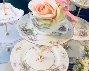 Wedding cake stand, 3 Tier Serving Tray,  Blossom Plate, Dessert Table Decor, Pink Wedding, BRIDAL GIFT, MixMatched Plates