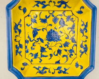 Japanese Chinoiserie Ming‑Replica Square Plate Hand‑Painted Blue & Yellow Coastal Luxury