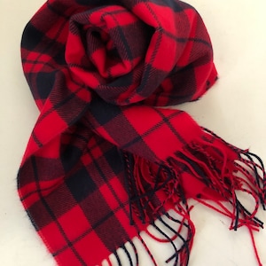 VINTAGE CASHMERE SCARF, Scottish Tartan, 100% Wool, Long 66”, Red  Black