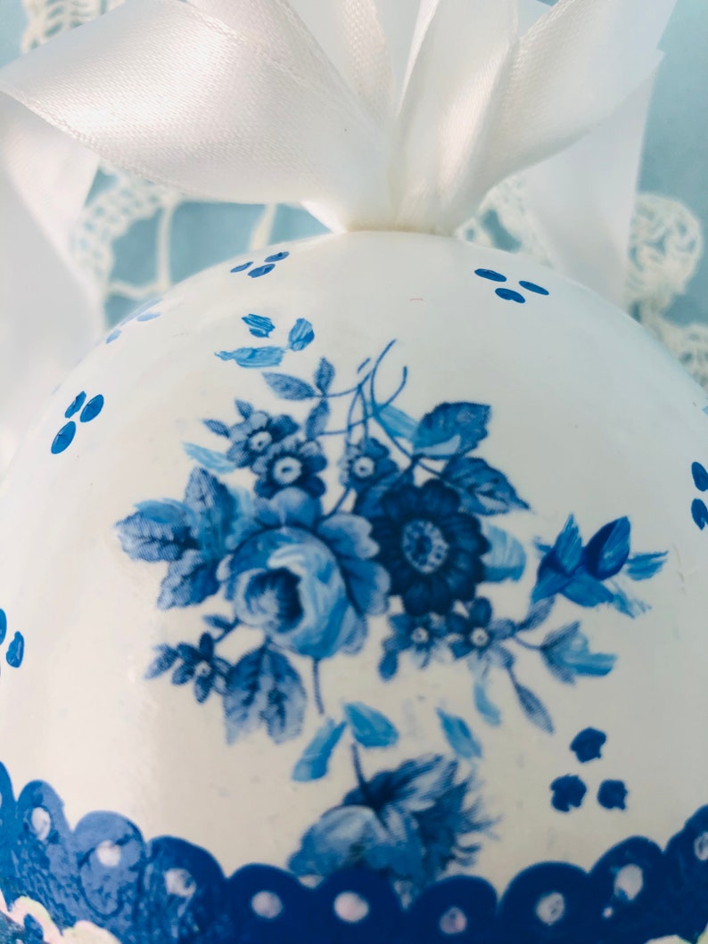 BLUE WHITE Egg, Easter Decor, Jumbo Big,Gift , Chinoiserie Chic, Rose Floral image 2