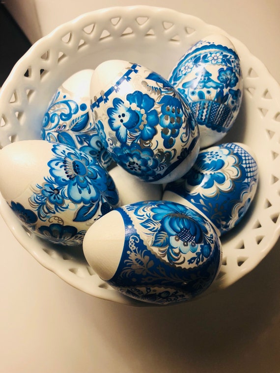 BLUE WHITE CERAMIC Eggs Decor Gift Chinoiserie Collectible Il_570xn