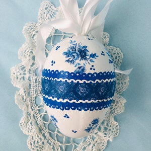 BLUE WHITE Egg, Easter Decor, Jumbo Big,Gift , Chinoiserie Chic, Rose Floral image 7