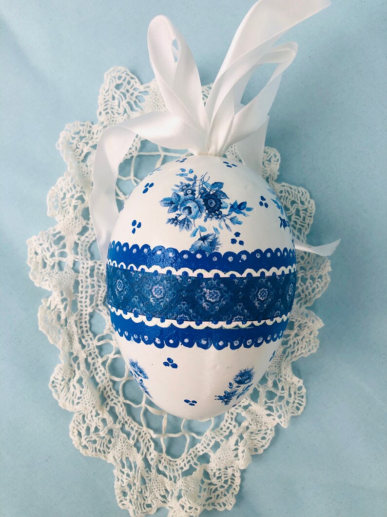 BLUE WHITE Egg, Easter Decor, Jumbo Big,Gift , Chinoiserie Chic, Rose Floral image 7