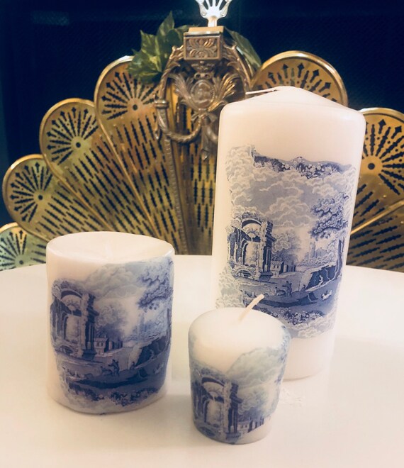 BLUE WHITE, CHINOISERIE Decor, Pillar Candle ,Italian Blue, Gift Idea For Mom, Home Decor Il_570xn