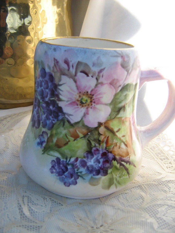 Limoges (?) Bavaria (?) Antique Hand Painted Signed Vintage Cottage Chic Mug Cider Vine 20 oz/590 ml Il_570xn