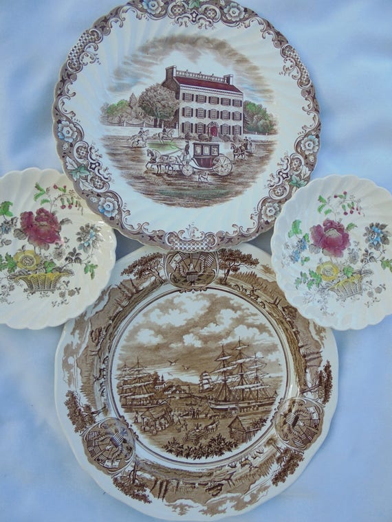 Vintage China Cabinet Plates Brown Transferware Chinoiserie