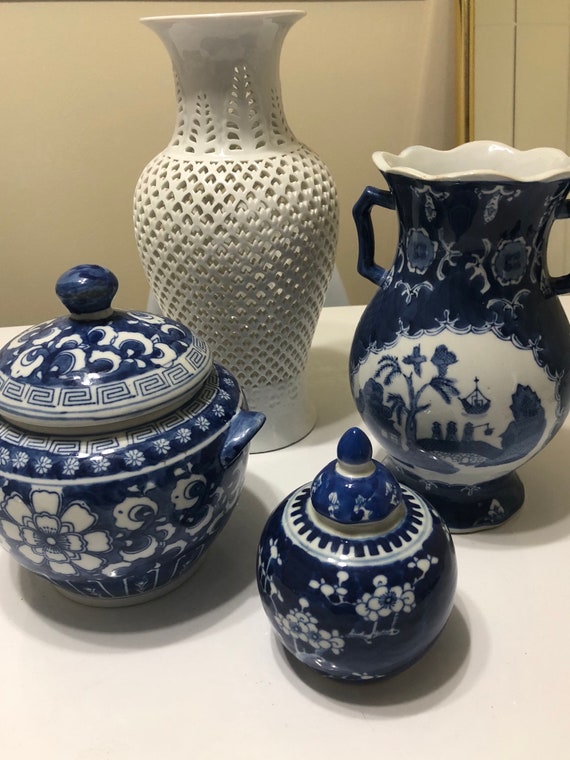 Blue Willow Ginger Jar Vase China Pierced White Chinoiserie Decor