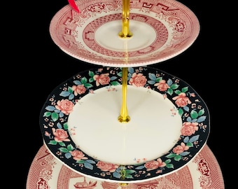 Pink Willow Cake Stand • Vintage Floral Pedestal Plate • Wedding Dessert Display