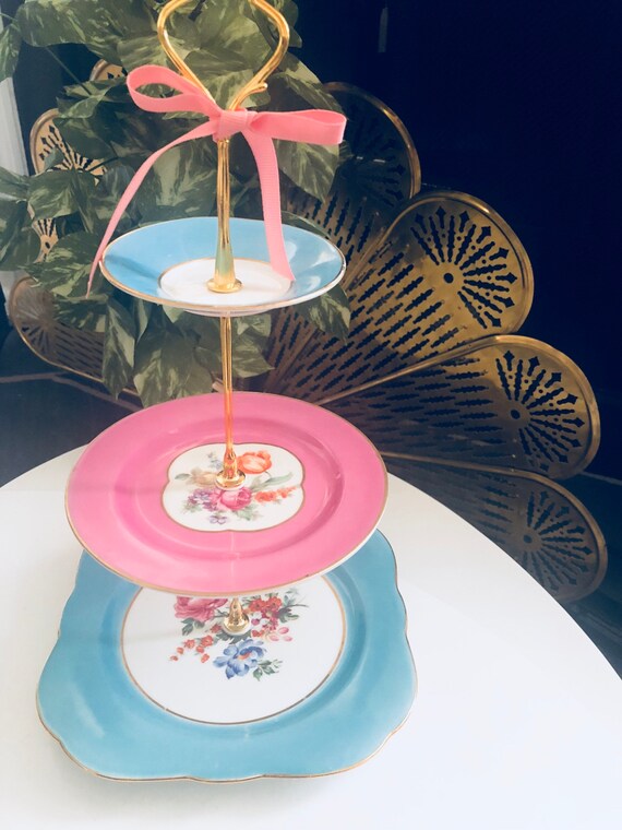 ANTIQUE LIMOGES WEDDING Cake Stand 3 Tier Tray Square Plate Pink Blue Baby Shower Bridal Il_570xn