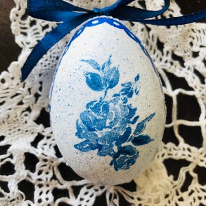 EASTER EGG, BLUE White, Blue Rose, Gift Idea, Decoupage Technique, Hand Painted, Pysanka