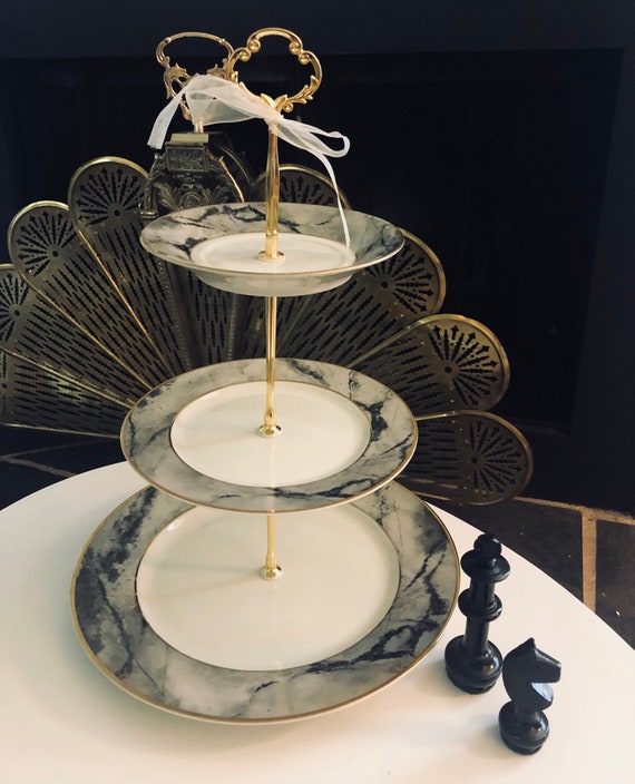 WEDDING CAKE STAND Mikasa Travertine Gray Marble, 3 Tier Serving Tray, Chess wedding,Bridal Gift Il_570xn
