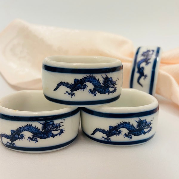 BLUE WHITE, Dragon NAPKINS Rings, Chinoiserie Chic, Asian Decor, Blue White, Table Decor, Celebration Essentials, Gift Idea, Set of 4