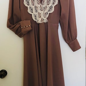 VINTAGE DRESS, Ursula of Switzerland, Formal Style, Mocha Beige, 11/12 ( M-L) Size, Fashion of 80s