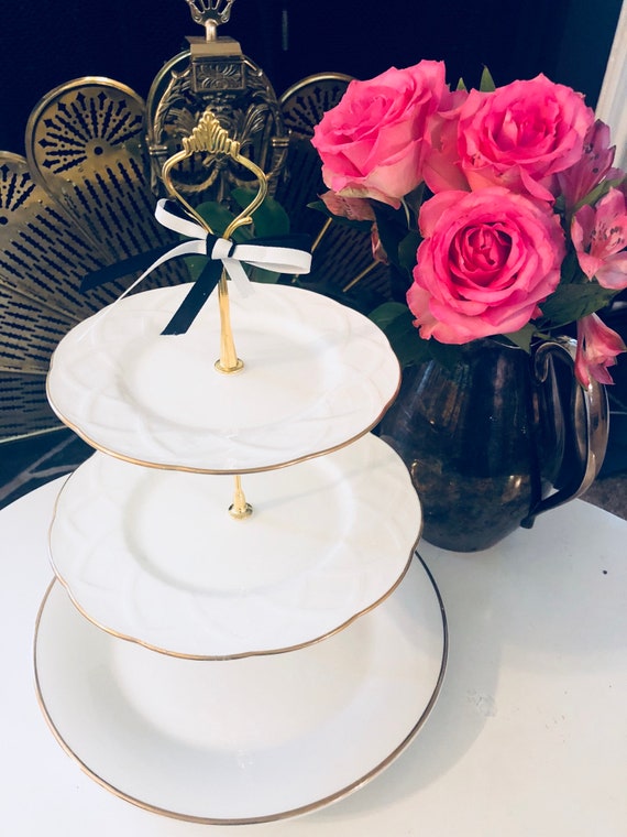 WHITE GOLD WEDDING Bridal Cake Stand Porcelain 3 Tier Dessert Table Decor Centerpiece MixMatched Plates Mikasa Bone China Il_570xn